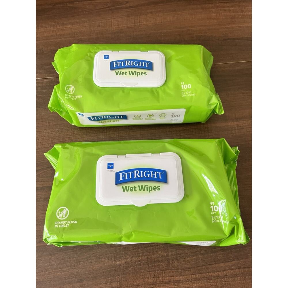 2 Medline FitRight Wet Wipes, 100ct Each 300 Count- 8" X 10" Clean Fresh 2024